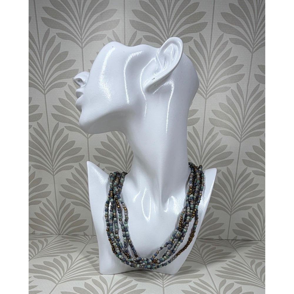 Teno Village Multi Strand Seed Bead Necklace Blue Green Bronze Boho